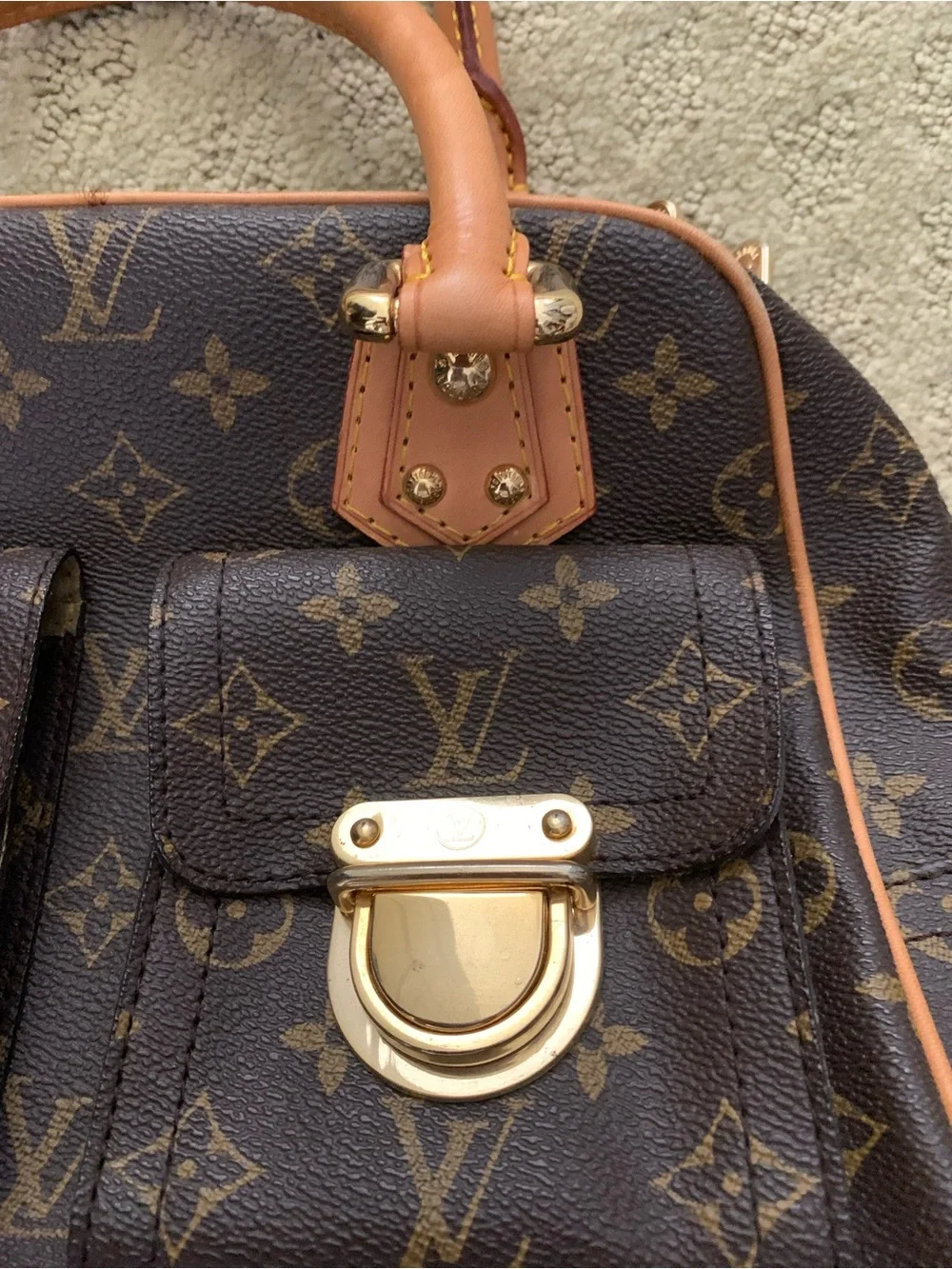 Louis Vuitton Monogram Canvas Dual Front Pocket Satchel with Tan Trim